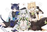  1girl 2boys 34twin22 aether_(genshin_impact) ahoge akanbe animal_ear_fluff animal_ears arm_armor arm_on_another&#039;s_head black_gloves black_hakama blonde_hair bloomers blue_vest blunt_ends bridal_gauntlets cape cat_ears cat_tail claw_pose clenched_hands clenched_teeth cross-shaped_pupils earrings full_body genshin_impact gloves gradient_hair green_cape green_hair hair_ornament hakama hakama_shorts hand_up hands_up heart highres japanese_clothes jewelry kemonomimi_mode leaf_hair_ornament leaning_on_person long_hair looking_at_viewer mandarin_collar multicolored_hair multiple_boys nahida_(genshin_impact) open_clothes open_vest parted_lips pointy_ears scaramouche_(genshin_impact) scarf shorts side_ponytail simple_background single_earring sitting spoken_heart squatting stirrup_footwear symbol-shaped_pupils tail teeth toeless_footwear toeless_legwear toes tongue tongue_out translation_request two-tone_vest underwear vest vision_(genshin_impact) wanderer_(genshin_impact) white_background white_bloomers white_hair white_scarf yellow_eyes 
