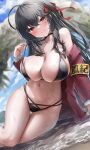  1girl :p absurdres ahoge arm_rest armband azur_lane beach bikini bikini_pull black_bikini black_choker black_hair blurry blurry_background blush breasts choker closed_mouth clothes_pull depth_of_field error hair_ornament highres jacket licking_lips multi-strapped_bikini multiple_straps navel o-ring o-ring_bikini official_alternate_costume outdoors partially_submerged pulled_by_self red_eyes red_jacket shiranui_(nisioisin_sinob) smile solo strap_pull swimsuit taihou_(azur_lane) taihou_(sweet_time_after_school)_(azur_lane) tareme tongue tongue_out yellow_armband 