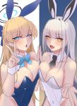  2girls animal_ears aqua_bow aqua_bowtie arm_behind_back ascot bare_shoulders black_ascot blanc_(nikke) blonde_hair blowing_kiss blue_archive blue_bow blue_eyes blue_hairband blue_leotard blunt_bangs blush bow bowtie braid breast_press breasts briefcase cleavage contrapposto detached_collar earpiece fake_animal_ears fake_tail french_braid goddess_of_victory:_nikke hair_bow hairband halo highleg highleg_leotard highres kana_(4276zero) leotard long_hair looking_at_viewer medium_breasts multiple_girls nail_polish official_alternate_costume playboy_bunny rabbit_ears rabbit_tail raised_eyebrows smile standing strapless strapless_leotard tail thighhighs toki_(blue_archive) v very_long_hair w white_hair white_leotard white_nails white_thighhighs white_wrist_cuffs wrist_cuffs yellow_eyes 