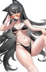  1girl absurdres animal_ears arknights bikini black_bikini black_hair black_nails breasts earrings elbow_rest highleg highleg_bikini highres jewelry long_hair medium_breasts navel orange-tinted_eyewear orange_eyes rui_(woyoudabing_rui) side-tie_bikini_bottom simple_background stomach sunglasses swimsuit texas_(arknights) thighs tinted_eyewear very_long_hair white_background wolf_ears 