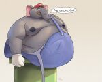  2023 absurd_res anthro belly big_belly clothing elephant elephantid facial_hair hat headgear headwear hi_res humanoid_hands male mammal mario mario_bros moobs mustache nintendo nipples obese obese_male overalls overweight overweight_male proboscidean sato_afroleone solo stuck text 