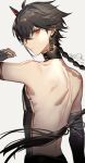  1boy ahoge aleo back backless_shirt bare_back bare_shoulders black_hair black_shirt changyu:_qilin_(punishing:_gray_raven) changyu_(punishing:_gray_raven) chinese_commentary collared_shirt commentary crossed_bangs dated elbow_gloves from_behind gloves highres horns long_hair looking_at_viewer looking_back male_focus mechanical_hands mechanical_horns ofuda_earrings profile punishing:_gray_raven red_eyes shirt shoulder_blades signature single_horn solo toned toned_male upper_body 