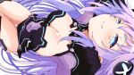  1girl blush braid breasts cleavage clothing_cutout hair_ornament happy iwashi_dorobou_-r- leotard long_hair medium_breasts navel_cutout neptune_(series) purple_hair purple_heart smile solo thighhighs twin_braids twintails very_long_hair white_background 