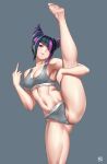  1girl armpits ass barefoot black_hair blue_eyes blue_nails bra breasts cleavage double_bun eyeliner finalcake grey_bra grey_panties hair_bun han_juri heterochromia highres legs looking_at_viewer makeup middle_finger multicolored_hair navel panties purple_eyes purple_hair smile solo split standing standing_on_one_leg standing_split street_fighter street_fighter_6 two-tone_hair underwear underwear_only 