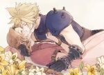  1boy 1girl aerith_gainsborough ancotsubu armor bangle belt black_gloves blonde_hair blue_shirt bracelet braid braided_ponytail brown_belt brown_hair choker closed_eyes cloud_strife couple dress earrings final_fantasy final_fantasy_vii final_fantasy_vii_remake flower flower_choker gloves hair_between_eyes hair_ribbon hand_in_another&#039;s_hair hand_on_another&#039;s_chest hetero highres jacket jewelry kiss lily_(flower) long_hair parted_bangs pink_dress pink_ribbon red_jacket ribbon shirt short_hair short_sleeves shoulder_armor sidelocks single_bare_shoulder single_braid single_earring sleeveless sleeveless_turtleneck spiked_hair suspenders toned toned_male turtleneck upper_body wavy_hair yellow_flower 