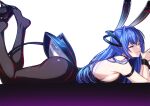  1girl akeyama_kitsune animal_ears ass azur_lane black_footwear black_leotard black_pantyhose blue_eyes blue_hair breasts fake_animal_ears from_side large_breasts leotard long_hair looking_at_viewer lying new_jersey_(azur_lane) new_jersey_(exhilarating_steps!)_(azur_lane) official_alternate_costume on_stomach pantyhose playboy_bunny rabbit_ears shoe_dangle simple_background solo strapless strapless_leotard white_background 