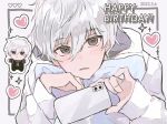  1boy black_eyes blue_lock cellphone dated ehqh9d hands_up happy_birthday heart highres holding holding_phone hood hood_down hoodie long_sleeves looking_at_viewer male_focus nagi_seishirou phone short_hair sleeves_past_wrists smartphone solo white_background white_hair white_hoodie 