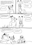  2023 4_toes 5_fingers anthro barefoot bernielover bernielover&#039;s_college_au blush breasts canid canine claws clothed clothing comic dialogue disney duo english_text fangs feet female fingers fox fur grin hi_res judy_hopps lagomorph leporid lying male male/female mammal monochrome nick_wilde on_front rabbit red_fox shirt sitting smile speech_bubble t-shirt tail tail_motion tailwag teeth text toes topwear zootopia 