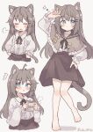  1girl absurdres animal_ear_fluff animal_ears arm_up blue_eyes blush brown_coat brown_hair brown_neckerchief cat_ears cat_girl cat_tail closed_eyes coat collared_shirt colon_br cropped_torso cup duplicate flower_(symbol) full_body hair_ornament hairclip hand_on_own_hip hands_on_own_hips highres holding holding_cup knee_blush legs_apart long_hair long_sleeves looking_to_the_side mug multiple_views neckerchief original pixel-perfect_duplicate pleated_skirt shirt shirt_tucked_in skirt solo tail upper_body white_shirt 