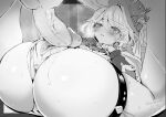  1boy 1girl artist_logo ascot ass blur_censor blush censored commentary_request erection furina_(genshin_impact) genshin_impact greyscale hair_between_eyes hat highres imminent_penetration long_sleeves monochrome out_of_frame penis pussy sukoyaka93 testicles top_hat twitter_username 