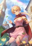  1girl blonde_hair breasts brown_eyes cape closed_mouth cloud dragon_quest dragon_quest_dai_no_daibouken dress earrings highres house jewelry long_hair looking_at_viewer princess_leona rainbow skirt smile solo yappo_(point71) 