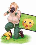  1girl blonde_hair boots breast_awe breasts camera capri_pants covered_nipples crop_top drooling grass green_wristband highres holding holding_camera huge_breasts materclaws muffin_top pants pichu pokemon pokemon_(creature) pokemon_xy sweaty_clothes tank_top triangle_mouth viewfinder viola_(pokemon) 