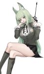  1girl :d absurdres animal_ear_fluff animal_ears arknights black_skirt blunt_bangs breasts cardigan cat_ears commentary_request crossed_legs feet_out_of_frame green_eyes green_hair grey_cardigan grey_socks hands_up harmonie_(arknights) highres holding holding_wand large_breasts long_hair long_sleeves looking_at_viewer miniskirt open_mouth pleated_skirt simple_background sitting skirt smile socks solo thighs very_long_hair wand white_background yuki_nko64 
