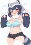  1girl alternate_costume animal_ears bikini bikini_top_only black_hair black_shorts blush breasts brown_eyes buttons cleavage common_raccoon_(kemono_friends) cowboy_shot detached_collar elbow_gloves extra_ears eyelashes fake_claws fang front-tie_bikini_top front-tie_top fur_collar gloves grey_hair hair_between_eyes half-closed_eyes hands_up highres kemono_friends looking_at_viewer medium_breasts medium_hair multicolored_hair navel open_clothes open_fly open_mouth open_shorts panties panties_under_shorts panty_peek parted_bangs raccoon_ears raccoon_girl raccoon_tail ransusan shiny_skin short_shorts shorts single_thighhigh skindentation smile solo stomach strap_gap striped striped_bikini swimsuit tail thighhighs unbuttoned underwear v-shaped_eyebrows white_hair white_thighhighs 