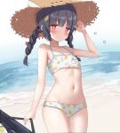  1girl absurdres armpits beach bikini black_hair blue_archive blush breasts flat_chest gugu0v0 hair_ornament hat highres leaf leaf_hair_ornament long_hair looking_at_viewer miyu_(blue_archive) miyu_(swimsuit)_(blue_archive) navel ocean red_eyes sand small_breasts solo straw_hat swimsuit thighs water water_drop white_bikini 