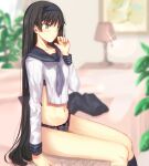  1girl black_bra black_hair black_panties black_sailor_collar blurry blurry_background blush bra commentary_request grey_shirt highres indoors iro_(sekaixiro) long_hair long_sleeves navel neckerchief panties profile purple_neckerchief sailor_collar school_uniform serafuku shirt sitting skirt skirt_removed solo stomach sweatdrop tohno_akiha tsukihime tsukihime_(remake) underwear very_long_hair 