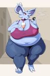  absurd_res anthro belly beverage big_belly big_breasts blue_body bottomwear breasts buckteeth cleavage clothed clothing ear_piercing female freckles generation_1_pokemon hand_on_breast hi_res huge_breasts hyper hyper_breasts looking_at_object looking_at_phone navel needles_(kaeebun) nidorina nintendo obese obese_anthro obese_female overweight overweight_anthro overweight_female pants phone piercing pokemon pokemon_(species) red_eyes smile solo teeth topwear veryfilthything walking 