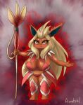  absurd_res aivrotsiel anthro armor big_breasts blonde_hair breasts eeveelution feathers female flareon generation_1_pokemon hair hi_res huge_breasts long_ears long_hair nintendo orange_body orange_eyes pokemon pokemon_(species) short_stack solo spikes staff wild_hair 