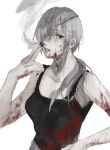  1girl black_nails black_tank_top blood blood_on_arm blood_on_clothes blood_on_face chainsaw_man cigarette eyepatch grey_hair hair_over_shoulder hand_on_own_hip highres holding holding_cigarette long_hair looking_at_viewer parted_lips ponytail qii_yu quanxi_(chainsaw_man) simple_background smoke smoking solo tank_top white_background 