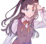  1girl black_ribbon blood blood_on_face blue_eyes brown_vest collared_shirt commentary fate/stay_night fate_(series) forehead hair_ribbon highres homurahara_academy_school_uniform light_smile long_hair long_sleeves looking_at_viewer machi_(uqyjee) neck_ribbon parted_bangs red_ribbon ribbon school_uniform shirt solo tohsaka_rin twintails vest white_background white_shirt 
