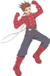  1boy boots buttons clenched_hands english_commentary full_body gloves highres lloyd_irving looking_at_viewer male_focus official_art open_mouth pants red_footwear red_gloves smile solo suspenders tales_of_(series) tales_of_asteria tales_of_symphonia transparent_background 
