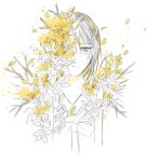  1girl branch dongbaek_(limbus_company) e.g.o_(project_moon) falling_petals flower grey_eyes grey_hair korean_clothes leaf limbus_company looking_at_viewer nisi_(n1si) petals project_moon simple_background smile solo upper_body white_background white_flower yellow_flower 