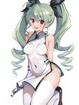  1girl absurdres anchovy_(girls_und_panzer) arms_behind_back bare_shoulders black_footwear black_ribbon blaze_(blazeillust) blush breasts china_dress chinese_clothes commentary_request covered_navel covered_nipples dress drill_hair girls_und_panzer green_hair hair_between_eyes hair_ribbon highres long_hair looking_at_viewer medium_breasts open_mouth red_eyes ribbon side_slit simple_background sleeveless sleeveless_dress smile solo taut_clothes taut_dress thighhighs twin_drills white_background white_dress white_thighhighs 