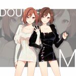  2girls absurdres black_dress breasts brown_eyes brown_hair cleavage commentary dress dual_persona highres juliet_sleeves locked_arms long_sleeves medium_breasts meiko_(vocaloid) multiple_girls puffy_sleeves sakine_meiko short_dress short_hair smile standing vocaloid yen-mi zoom_layer 