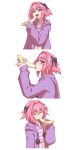  1boy absurdres androgynous astolfo_(fate) astolfo_(memories_at_trifas)_(fate) banana_peel black_bow bow braid crossdressing fate/apocrypha fate/grand_order fate_(series) hair_ribbon hej_(mugmnm51) highres hood hoodie jacket long_braid long_hair long_sleeves looking_at_viewer male_focus multicolored_hair navel official_alternate_costume open_mouth otoko_no_ko pink_hair purple_eyes purple_hoodie purple_jacket ribbon shirt single_braid smile streaked_hair striped striped_shirt 