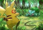  bright_pupils brown_eyes bulbasaur claws commentary_request day electricity forest grass kotobukkii_(yt_lvlv) nature no_humans open_mouth outdoors pikachu plant pokemon pokemon_(creature) tongue tree vines 