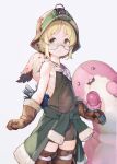  1girl ataruman blonde_hair brown_gloves brown_thighhighs closed_mouth clothes_around_waist commentary_request female_child flat_chest glasses gloves green_eyes grey-framed_eyewear helmet highres looking_at_viewer maaa made_in_abyss meinya_(made_in_abyss) riko_(made_in_abyss) semi-rimless_eyewear short_hair sleeveless smile standing thighhighs thighs under-rim_eyewear 