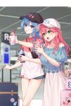 2girls absurdres alternate_costume bag baseball_cap black_headwear blue_hair blue_nails blue_shorts blush breasts cellphone cup frilled_shirt frills hair_ornament hairpin handbag hat highres holding holding_cup holding_phone hololive hoshimachi_suisei large_breasts long_hair looking_at_viewer multicolored_nails multiple_girls open_mouth phone pink_shirt red_nails sakura_miko shirt short_shorts shorts small_breasts smartphone suitcase tang-du two-tone_shirt virtual_youtuber white_headwear white_shirt 