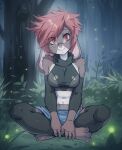 anthro breasts brown_body brown_fur clothed clothing female forest fur hair hi_res lagomorph leporid mammal mcfli plant rabbit red_eyes red_hair smile solo tree 