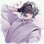  1boy black_gloves claws dire_crowley gloves grey_hair grey_shirt highres male_focus mask minatoya_mozuku pointy_ears shirt short_hair solo sweatdrop twisted_wonderland upper_body yellow_eyes 