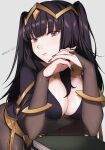  1girl armlet artist_name black_cape black_hair black_nails blunt_bangs bodystocking book book_stack breasts bridal_gauntlets cape cleavage commentary covered_navel eyelashes fire_emblem fire_emblem_awakening gold grey_eyes highres leaning_forward long_hair looking_at_viewer medium_breasts peach11_01 pelvic_curtain skin_tight solo tharja_(fire_emblem) tiara two_side_up 