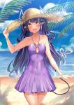  1girl absurdres alternate_costume beach black_hair blue_sky blunt_bangs blush bracelet breasts cloud commentary_request covered_navel cowboy_shot dappled_sunlight day demon_girl demon_horns demon_tail dress hand_on_headwear hat highres horizon horns horns_through_headwear jewelry kojo_anna long_hair looking_at_viewer medium_bangs medium_breasts multicolored_hair nanashi_inc. ocean open_mouth outdoors palm_tree pointy_ears purple_dress purple_hair robou_no_stone sand sky sleeveless sleeveless_dress smile solo straw_hat sun_hat sunlight tail tree twintails two-tone_hair virtual_youtuber water yellow_eyes 