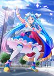  1girl ahoge armpits blue_eyes blue_footwear blue_hair blue_skirt blue_sky boots cloud commission cure_sky fighting_stance fingerless_gloves frilled_skirt frills giant giantess gloves gradient_hair highres hirogaru_sky!_precure long_hair magical_girl multicolored_hair open_mouth outdoors pink_hair precure signature skeb_commission skirt sky solo sora_harewataru streaked_hair thighhighs tirofinire twintails two-tone_hair very_long_hair white_gloves white_thighhighs wing_hair_ornament 