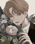  1boy absurdres bishounen black_suit blonde_hair cognacbear flower formal highres leaf lipgloss male_focus mole mole_under_eye original portrait rose short_hair simple_background solo suit white_background white_flower white_rose 