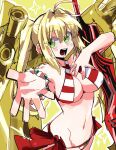  1girl aestus_estus ahoge bikini blonde_hair blush bracelet breasts cleavage criss-cross_halter fate/grand_order fate_(series) green_eyes hair_between_eyes halterneck highres holding holding_sword holding_weapon jewelry large_breasts long_hair nero_claudius_(fate) nero_claudius_(swimsuit_caster)_(fate) open_mouth sidelocks simple_background sling_bikini_top solo sparkle striped striped_bikini swimsuit sword twintails uotsu_(sabakou) weapon 