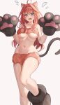  1girl @_@ absurdres ahoge animal_ear_fluff animal_ears animal_hands bare_shoulders black_tail blue_eyes breasts cat_ears cat_girl collarbone commentary_request curvy embarrassed eyebrows_hidden_by_hair eyelashes eyes_visible_through_hair flying_sweatdrops furrowed_brow gloves go-toubun_no_hanayome groin hair_between_eyes hair_ornament hair_over_breasts highres large_breasts long_hair looking_at_viewer nakano_itsuki navel open_mouth paw_gloves raikun_raikun red_fur red_hair ribs shiny_skin sidelocks simple_background solo standing star_(symbol) star_hair_ornament stomach straight-on sweatdrop thighs underboob very_long_hair w_arms wavy_mouth white_background 
