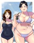  belmeria_winston bikini black_hair brown_hair eyewear_removed feng_jun flying_sweatdrops gundam gundam_suisei_no_majo highres kenken28937178 looking_at_viewer mature_female navel one-piece_swimsuit plump scar scar_on_stomach smile stomach sunglasses swimsuit wide_hips 