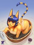  animal_crossing ankha_(animal_crossing) anthro bandeau bangs bathing blue_hair breasts butt clothing domestic_cat eyelashes eyeshadow felid feline felis female hacatiko hair hi_res looking_up_at_viewer makeup mammal nintendo partially_submerged solo topwear uraeus water 