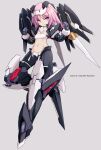  1girl alice_gear_aegis black_gloves breasts clenched_hands closed_mouth commentary_request copyright_name gloves grey_background groin hair_between_eyes hands_up headgear highres hirasaka_yotsuyu karukan_(monjya) looking_at_viewer mecha_musume navel pink_hair purple_eyes simple_background small_breasts smile solo 