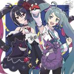  2girls :d ahoge black_choker black_hair black_pants black_pantyhose choker clenched_hand closed_mouth collared_shirt commentary_request detached_sleeves eyelashes gengar green_eyes green_hair green_nails green_necktie hair_between_eyes happy hatsune_miku holding holding_poke_ball long_hair multiple_girls nail_polish necktie nidoking open_mouth pants pantyhose poke_ball poke_ball_(basic) pokemon pokemon_(creature) red_eyes sagemaru-br shirt short_sleeves smile teeth twintails ultra_ball upper_teeth_only vocaloid white_shirt 