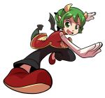  1girl black_pants china_dress chinese_clothes draco_centauros dragon_girl dragon_horns dragon_tail dragon_wings dress elbow_gloves fang gloves green_eyes green_hair horns mary_cagle open_mouth pants pointy_ears puyopuyo red_footwear shoes short_hair solo tail white_background white_gloves wings 