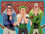  3boys bald black_hair closed_mouth earrings green_hair hand_in_mouth highres jewelry johnny_(one_piece) looking_at_viewer male_focus multiple_boys one_piece parupiren roronoa_zoro short_hair watch wristwatch yosaku_(one_piece) 