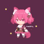 1girl animal_ear_fluff animal_ears arknights black_footwear blush bow closed_mouth commentary dress footwear_bow fox_ears fox_girl fox_tail frilled_dress frills full_body hair_between_eyes looking_at_viewer pink_bow pink_eyes pink_hair pixel_art purple_background sakuramochi_(oyasumunemui) shamare_(arknights) short_hair solo standing tail twintails 