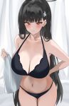  1girl bare_shoulders black_hair blue_archive breasts cleavage collarbone hair_ornament hairclip halo highres k_0art large_breasts lingerie long_hair looking_at_viewer navel parted_lips red_eyes rio_(blue_archive) solo underwear very_long_hair 