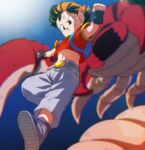  1girl backpack bag bandana belt black_belt black_eyes black_gloves black_hair blurry blurry_background denim dragon_ball dragon_ball_gt fingerless_gloves gloves grey_footwear grey_pants jeans midriff monster navel orange_bandana pan_(dragon_ball) pants red_shirt rom_(20) shirt shoes short_hair 