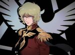  1boy blonde_hair blue_eyes char_aznable closed_mouth commentary epaulettes gundam hair_between_eyes jacket looking_at_viewer male_focus military military_jacket military_uniform mobile_suit_gundam red_jacket serious short_hair solo tsun_(chun_55) uniform upper_body zeon 